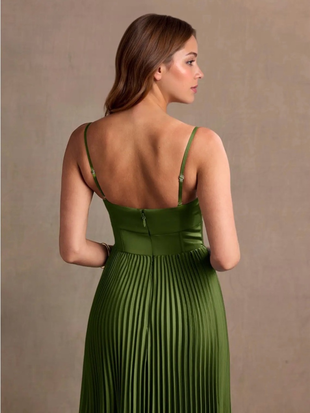 Olive Green Pleated Maxi Dress - Sleeveless Spaghetti Strap - Picture 3 of 7